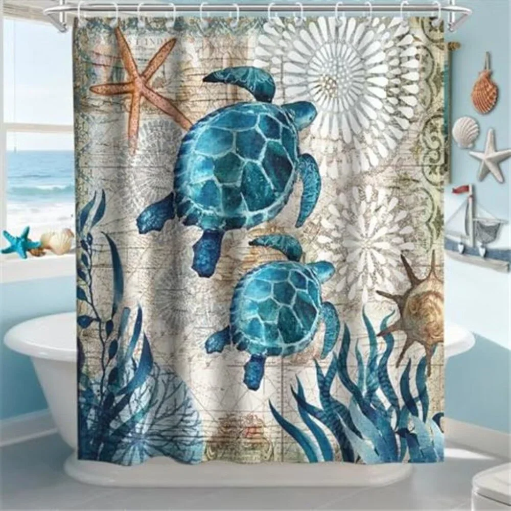 Nautical Green Sea Turtles Beach Theme Fabric Shower Curtain Sets Bathroom Blue